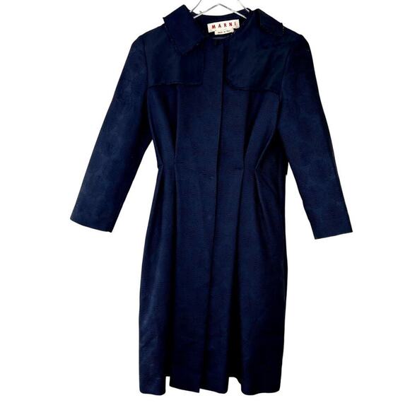 MARNI Brocade Textured Navy Trench Jacket Navy Blue Snap Button Mid Length 40 - Picture 1 of 12